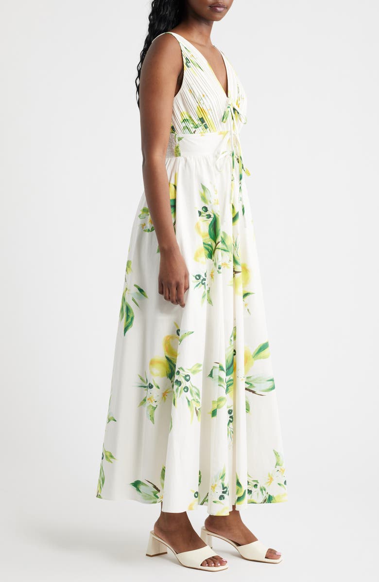 MOON RIVER Plissé Tie Front Cotton Maxi Dress, Alternate, color, White Multi