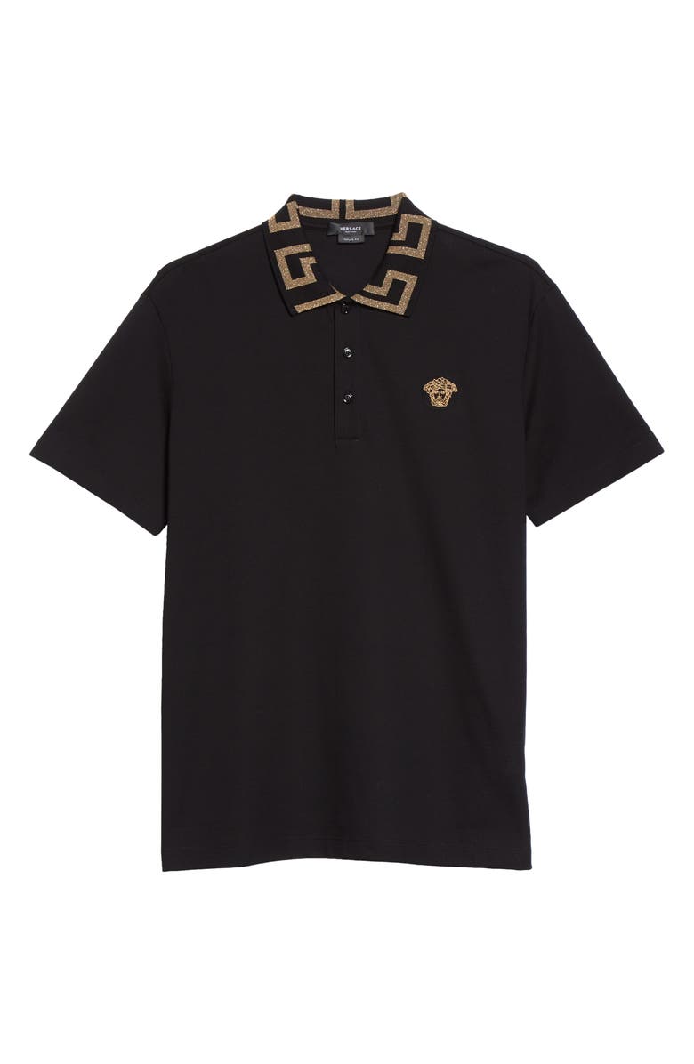 Versace Metallic Medusa Appliqué Cotton Polo Shirt, Alternate, color, 