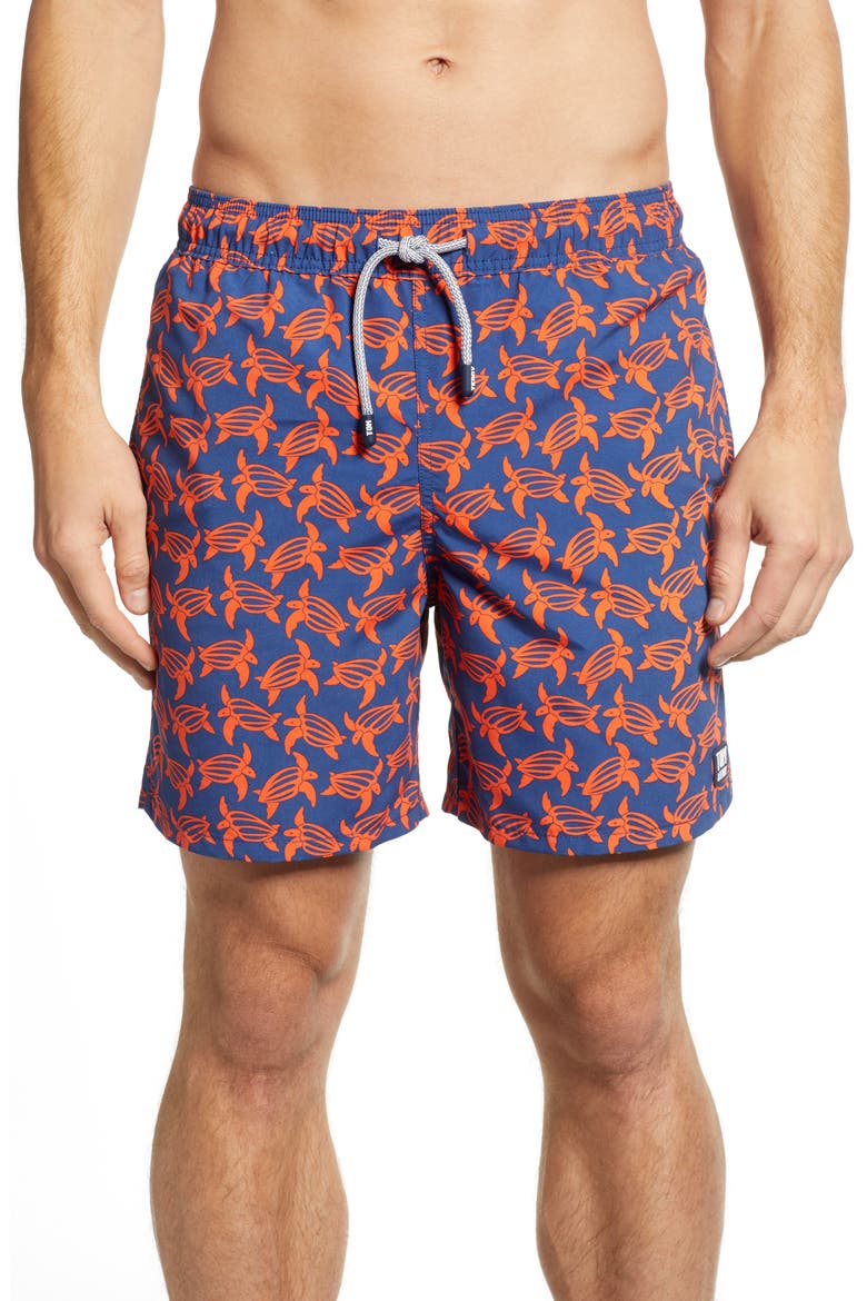 Turtle Print Swim Trunks, Main, color, NAVY/ ORANGE
