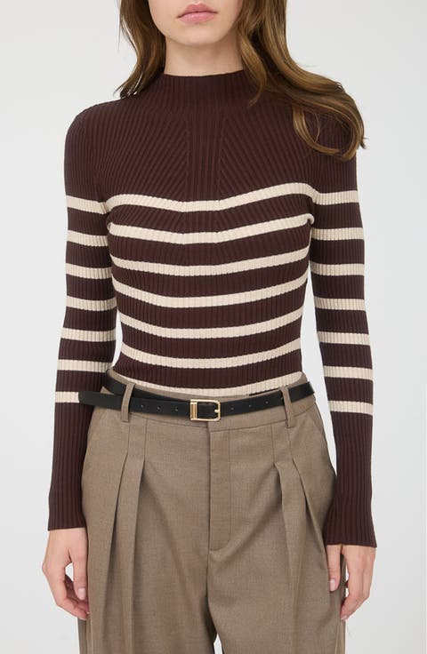 Stripe Mock Neck Rib Knit Top
