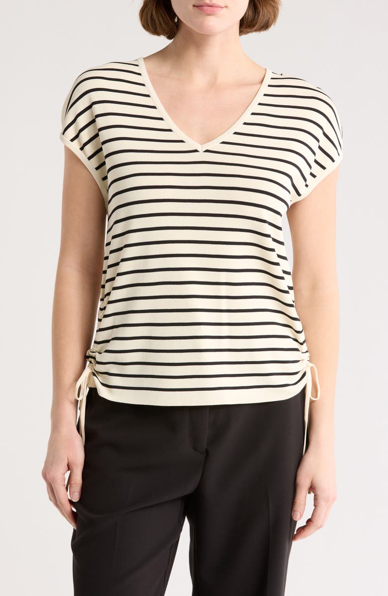 Adrianna Papell Stripe V-Neck Cap Sleeve Side Tie Sweater Top, Main, color, Ivory/ Black