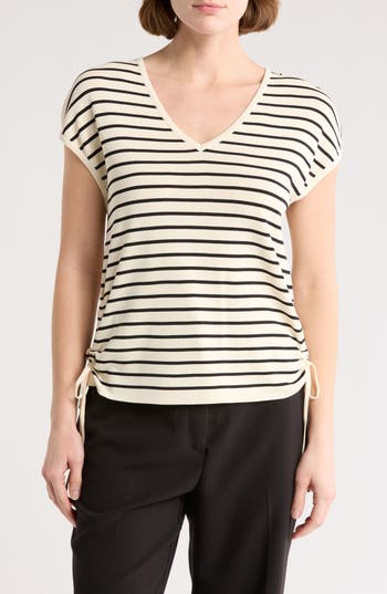 Adrianna Papell Stripe V-neck Cap Sleeve Side Tie Sweater Top In Silver