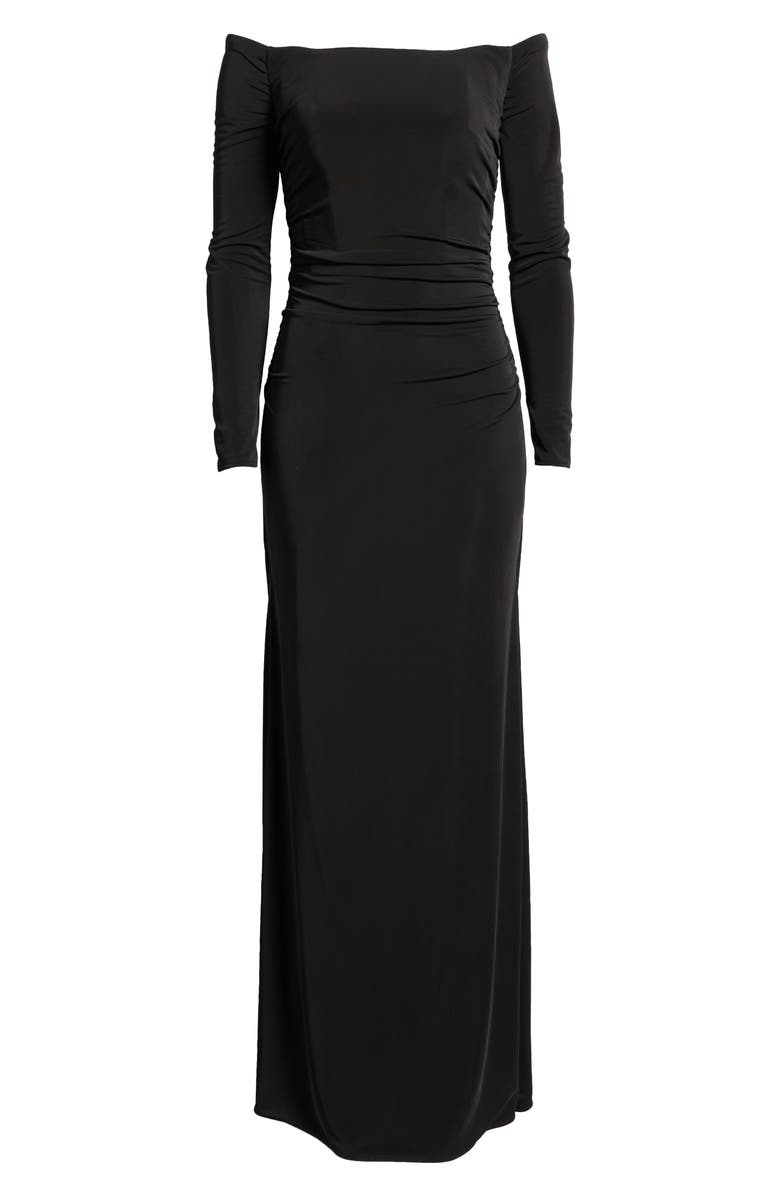 La Femme Off the Shoulder Long Sleeve Jersey Gown, Alternate, color, 