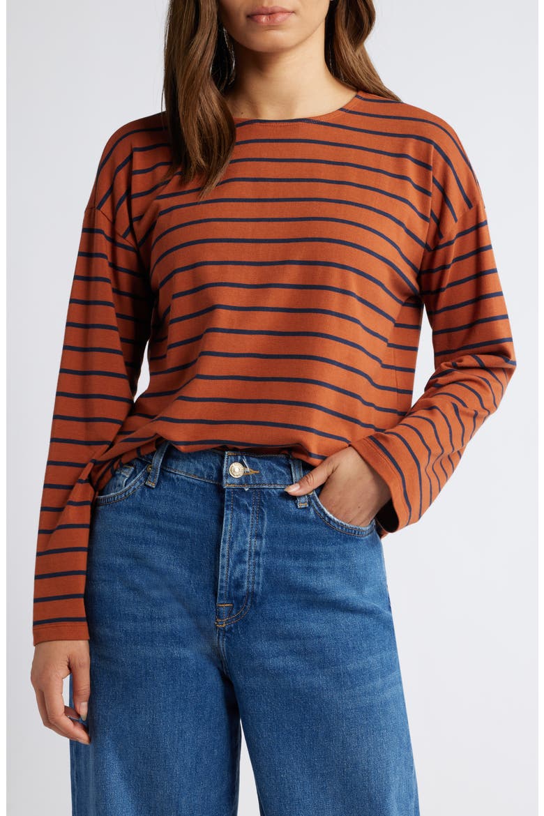 Stripe High-Low Long Sleeve Jersey Top, Main, color, RUST- NAVY MARINA STRIPE