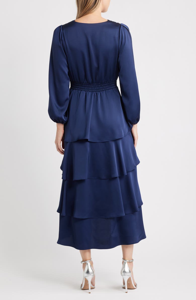 Anne Klein Long Sleeve Tiered High-Low Satin Dress, Alternate, color, Distant Mountain