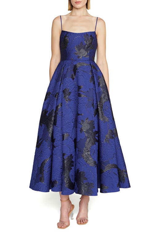 ML Monique Lhuillier Nicolette Metallic Jacquard Midi Dress in Marine/Black 