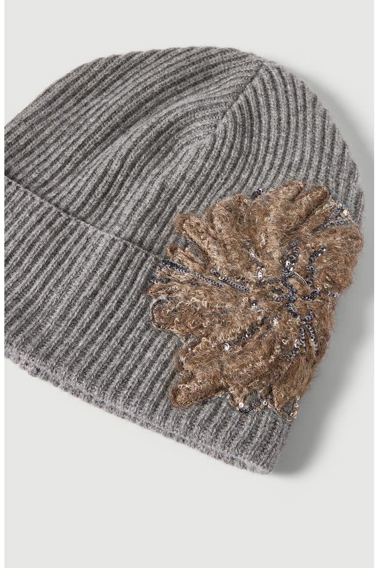Cashmere ribbed beanie with whispering bloom embroidery, Alternate, color, Dark Grey