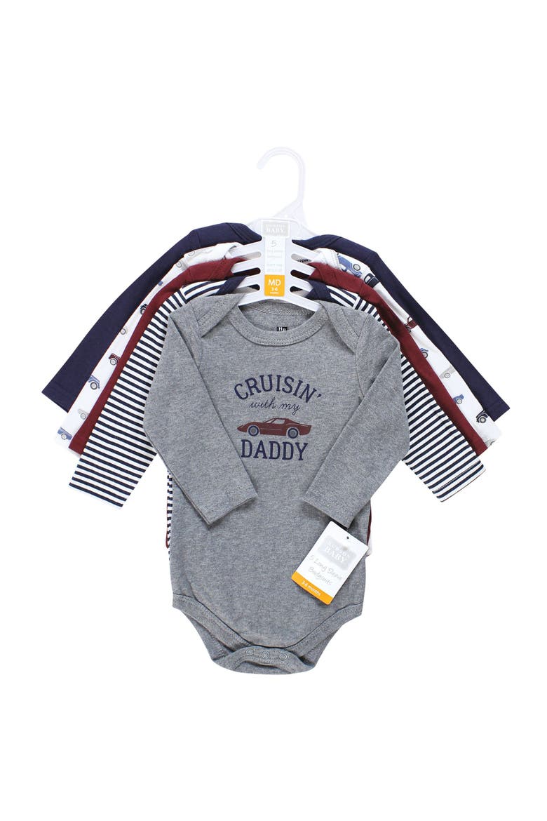 Everyday Long-Sleeve Cotton Babysuits Bundle of 5, Alternate, color, Cars