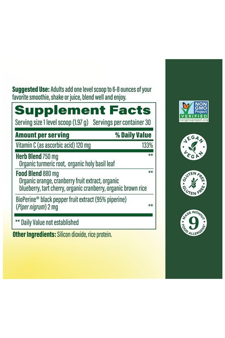 Daily Turmeric Nutrient Booster Powder with Black Pepper Extract, Vitamin C, Tart Cherry, Vegan, 2.08 Oz, Alternate, color, None