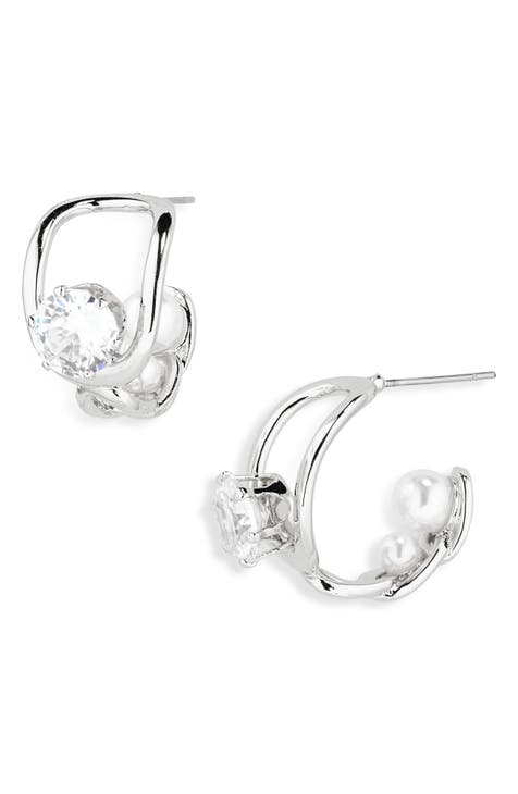 Cubic Zirconia & Faux Pearl Huggie Hoop Earrings