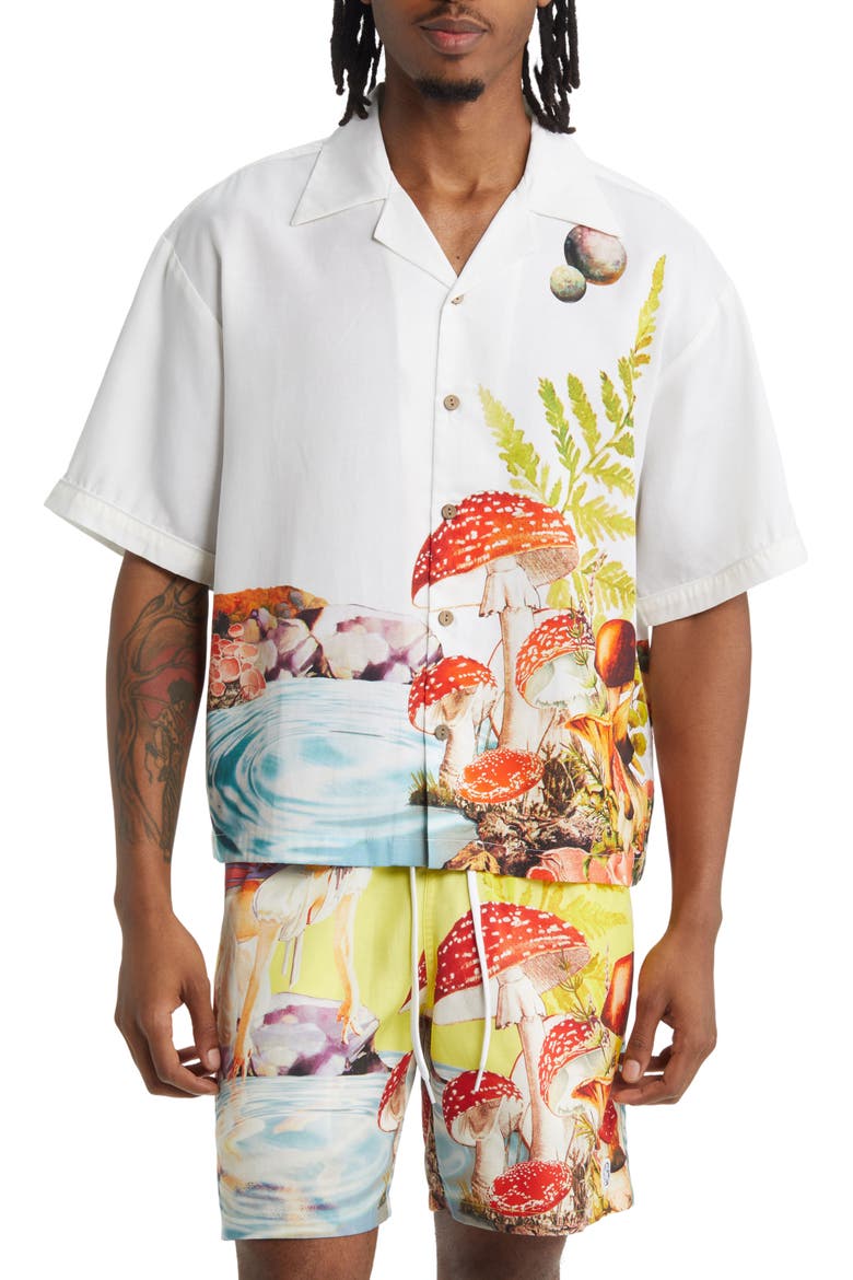 Ripple Print Short Sleeve Button-Up Shirt, Main, color, WHITE