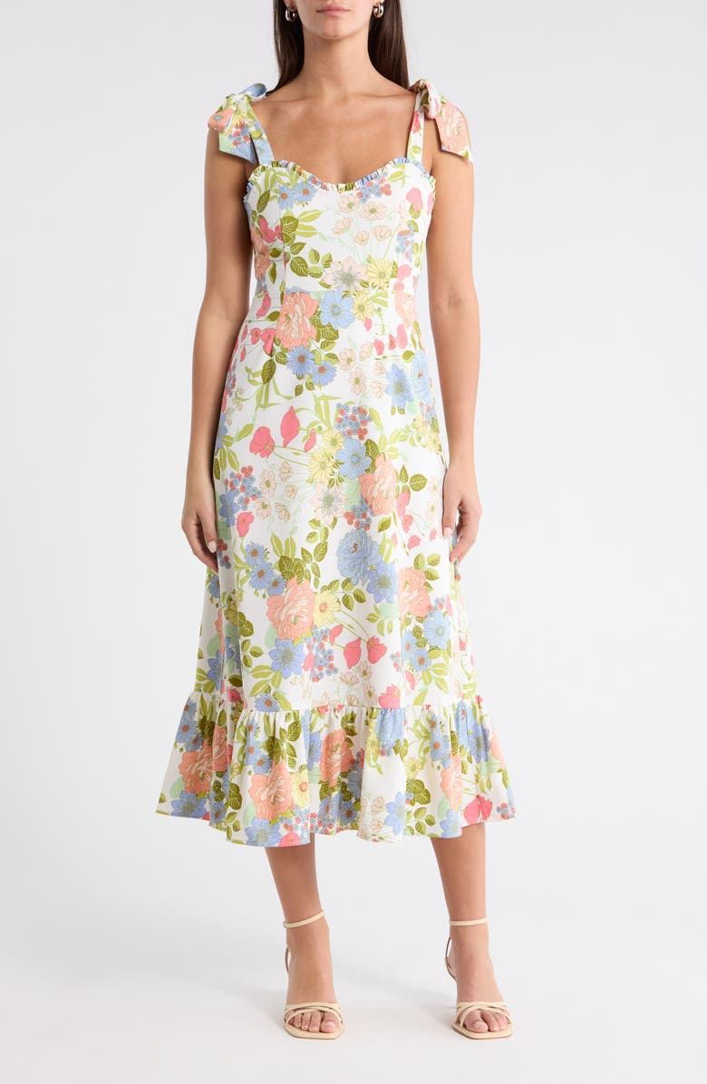 SUGARLIPS Floral Tie Strap Midi Sundress, Main, color, Cream