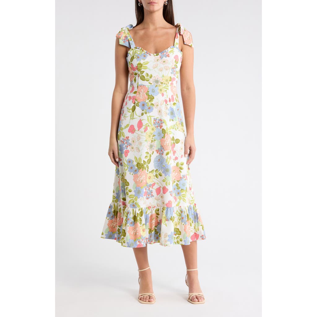 SUGARLIPS Floral Tie Strap Midi Sundress in Cream at Nordstrom, Size Small