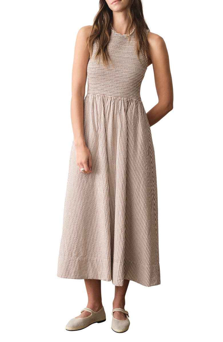 Marine Layer Darcy Stripe Cotton Blend Seersucker Dress, Alternate, color, Mocha Stripe