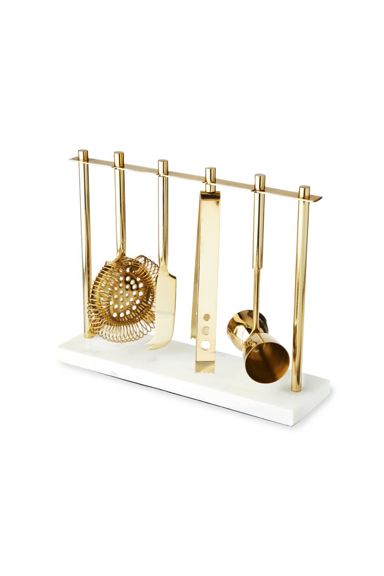 4-Piece Bar Tool Set in Gold with Marble and Stainless Steel Stand, Main, color, Gold