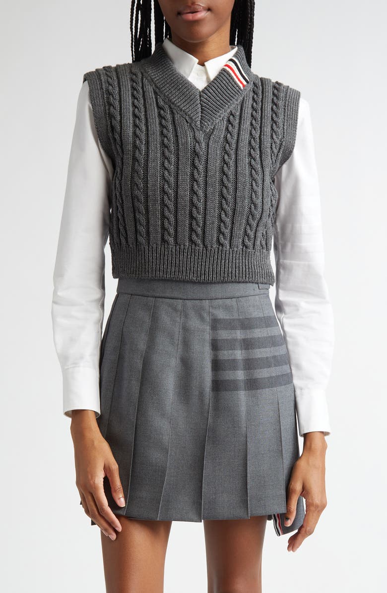 Thom Browne Cable Knit Virgin Wool Sweater Vest, Main, color, Medium Grey
