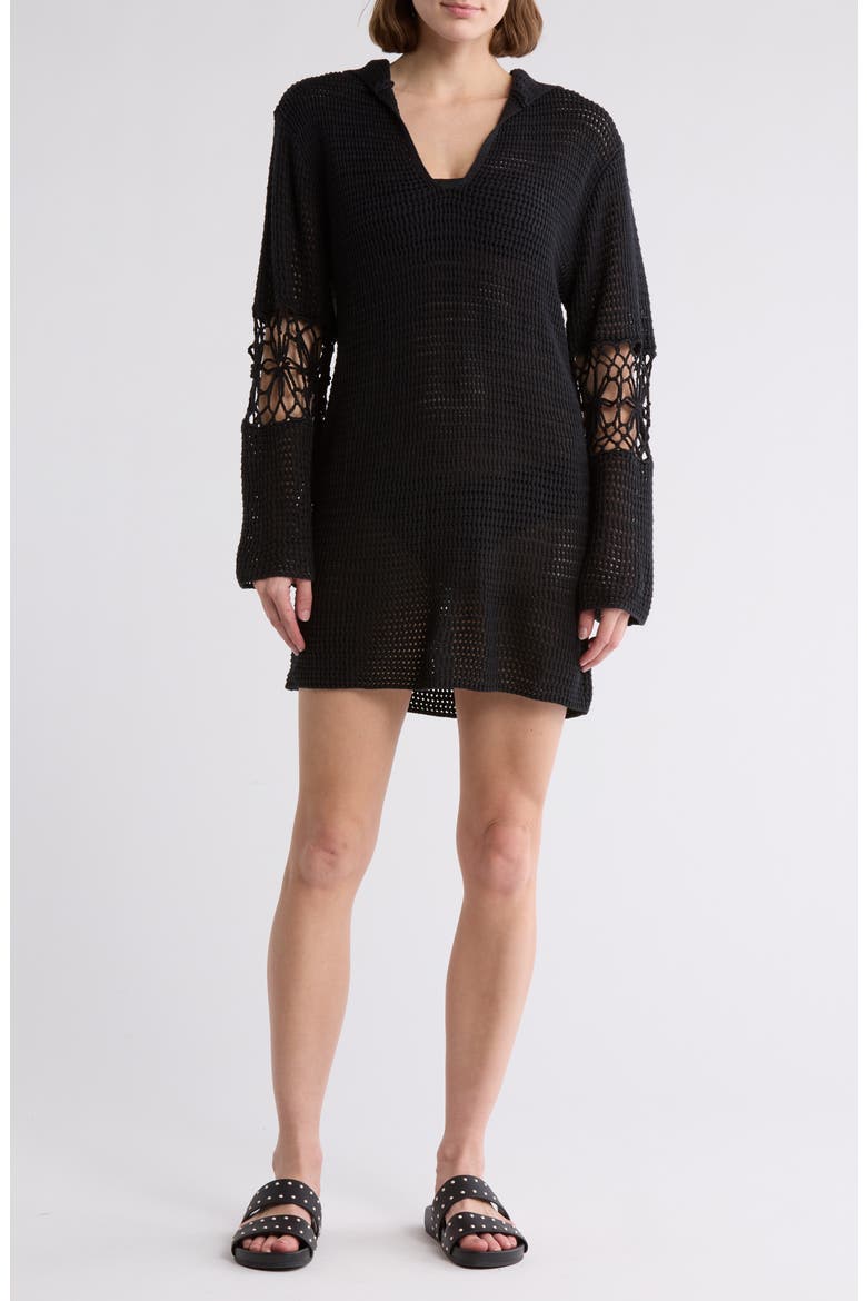 Hooded Open Stitch Cover-Up Tunic, Main, color, BLACK