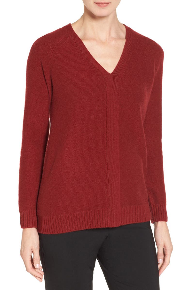 Nordstrom Collection V-Neck Cashmere Pullover, Main, color, Red Sun