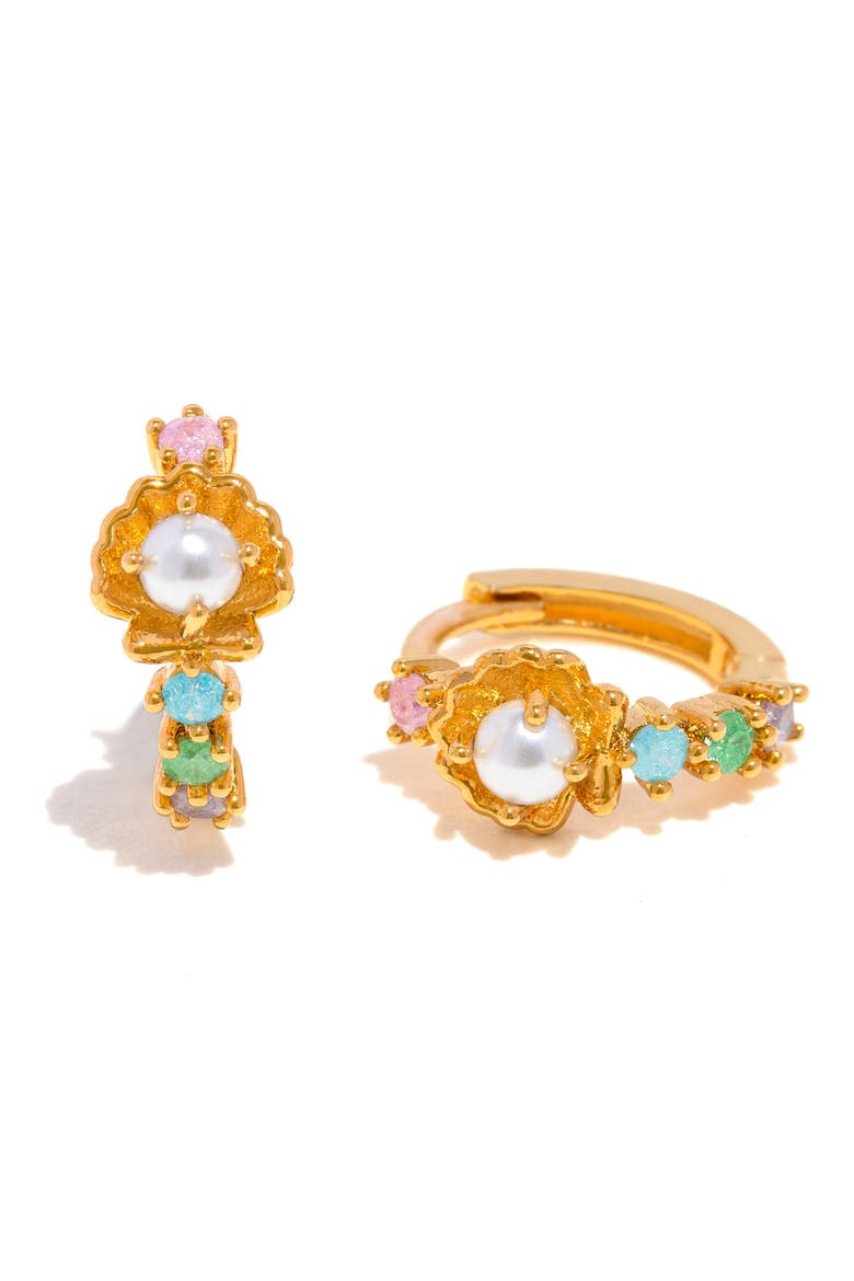 Saltwater Faux Pearl Hoop Earrings, Main, color, GOLD