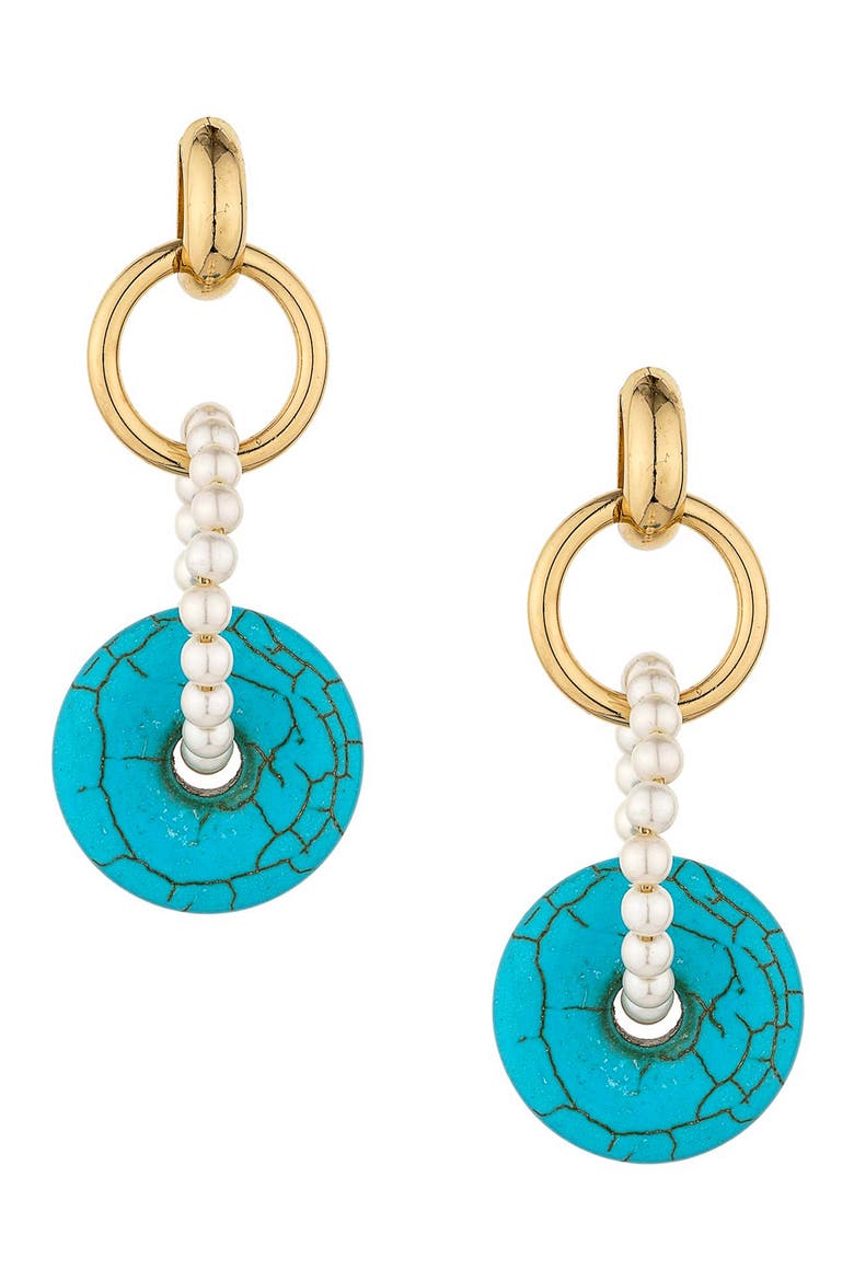 Imitation Pearl Circle & Turquoise Drop Earrings, Main, color, GOLD