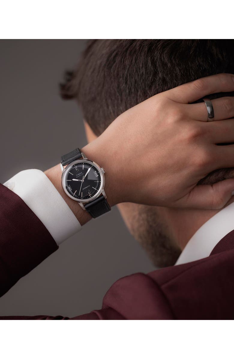 Timex<sup>®</sup> Marlin Automatic Leather Strap Watch, 40mm, Alternate, color, Black