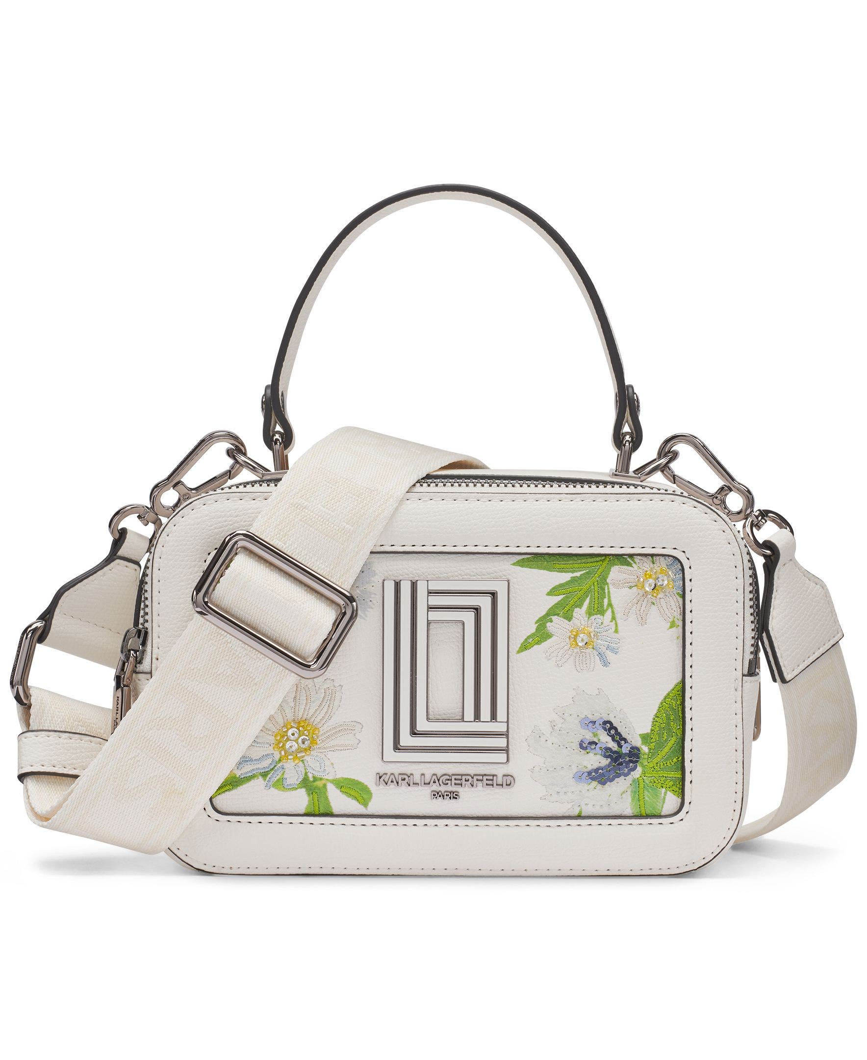 KARL LAGERFELD PARIS Simone Floral Emboridery Crossbody, Main, color, White Multi