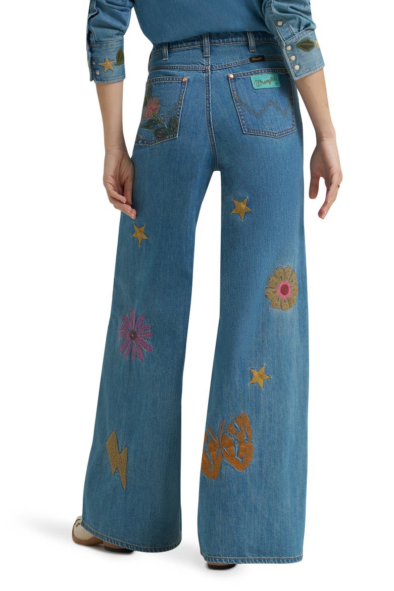 x Lainey Wilson Embroidered Cheeky Wide Leg Jeans, Alternate, color, DENIM