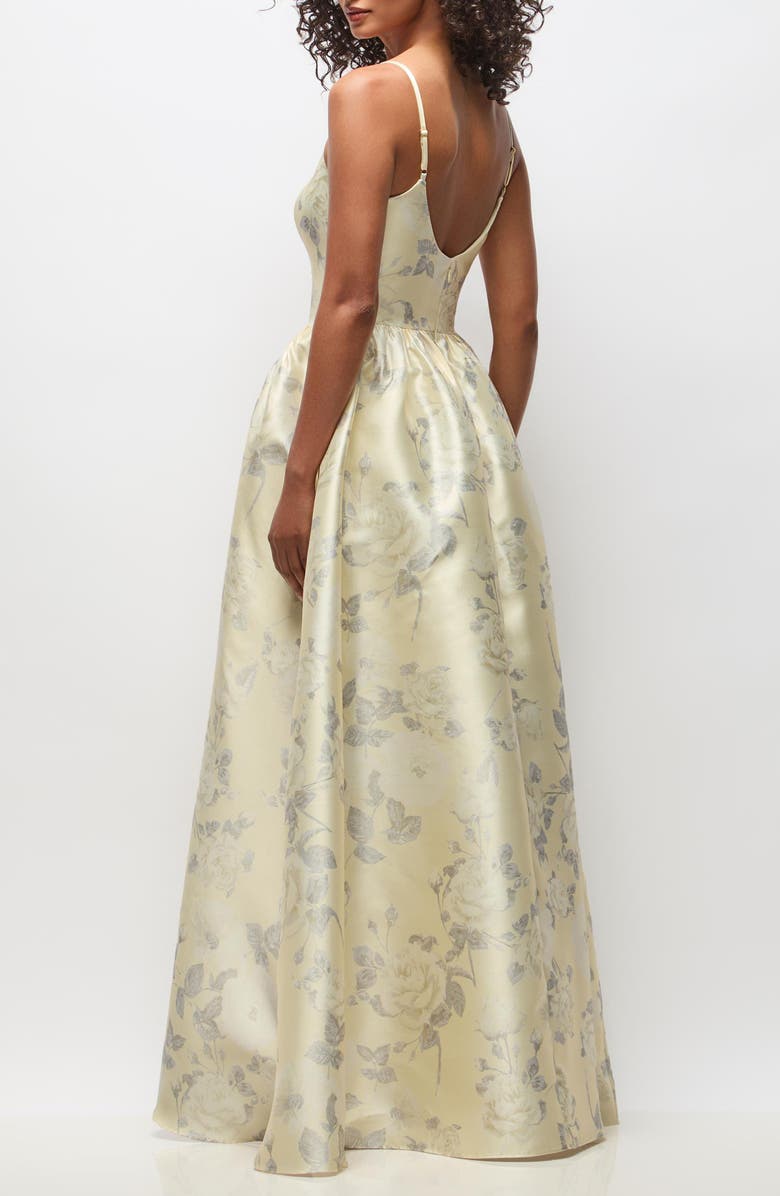 Dessy Collection Floral Sleeveless Satin Ballgown, Alternate, color, Butter Yellow Floral