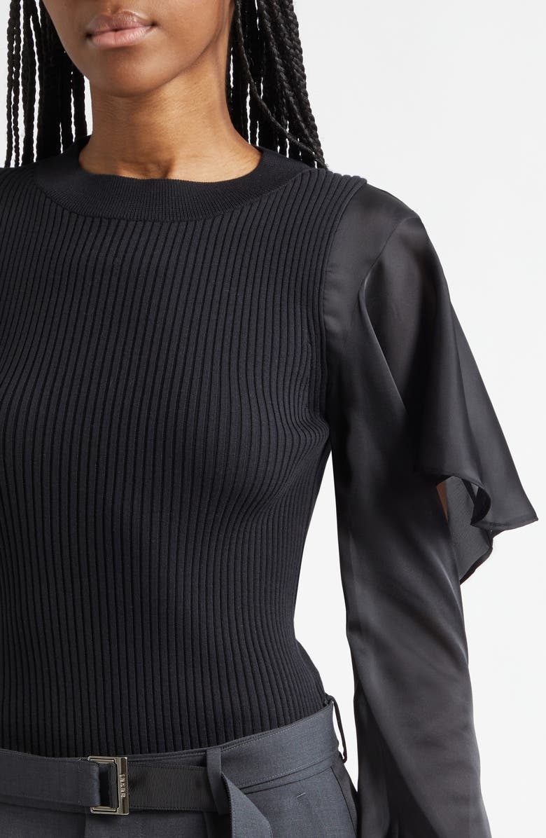 Sacai Satin x Cotton Knit Pullover, Alternate, color, Black