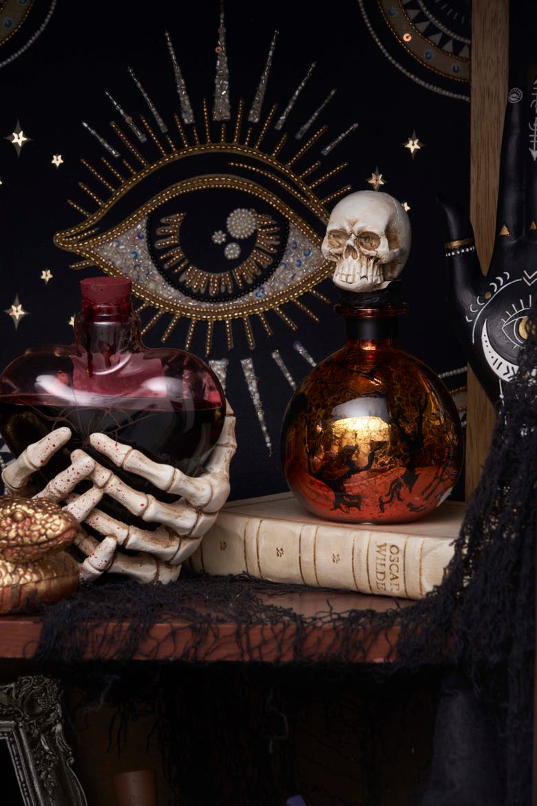 Skeleton Hands Decorative Halloween Glass Bottle Figurine, Alternate, color, Red