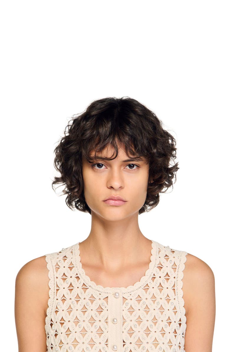 SANDRO Beaded crochet cropped cardigan, Alternate, color, Ecru