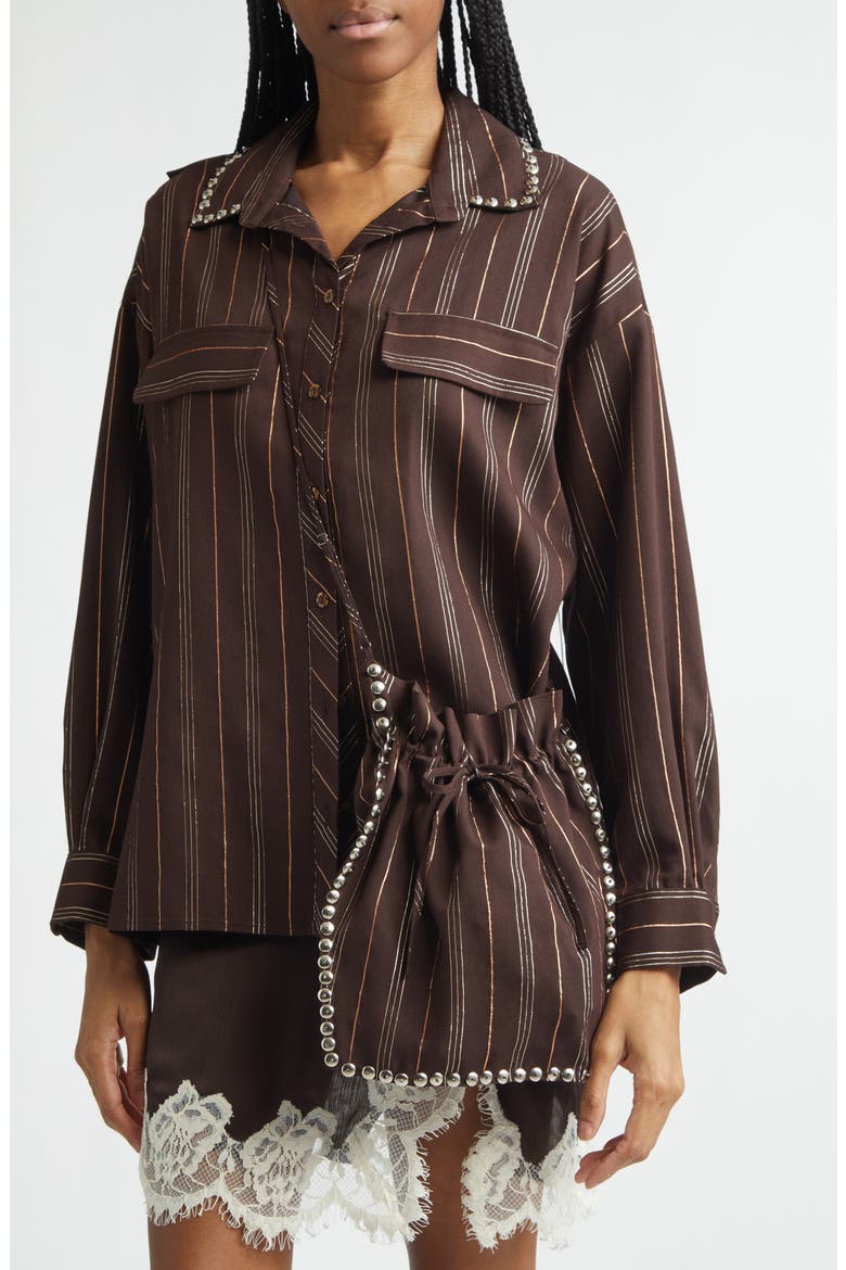 Monina Metallic Stripe Button-Up Shirt with Removable Crossbody Pouch, Alternate, color, DARK BROWN