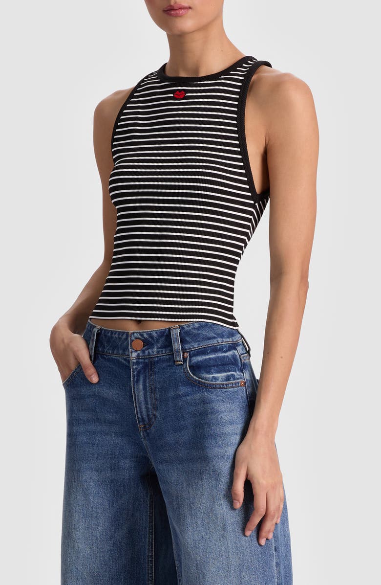Alice + Olivia Allen Embroidered Tank, Alternate, color, Black/ Off White Stripe