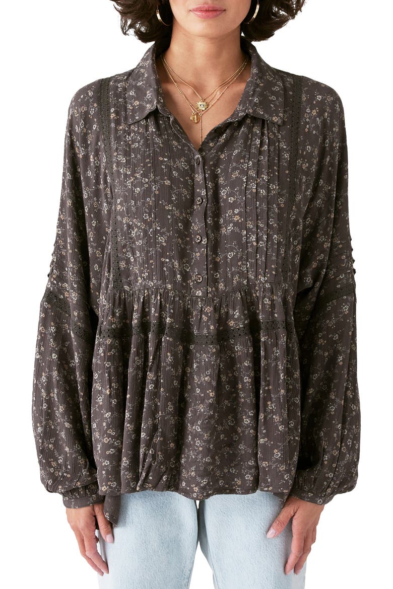 Floral Long Sleeve Cotton Blend Babydoll Blouse, Main, color, BLACK MULTI