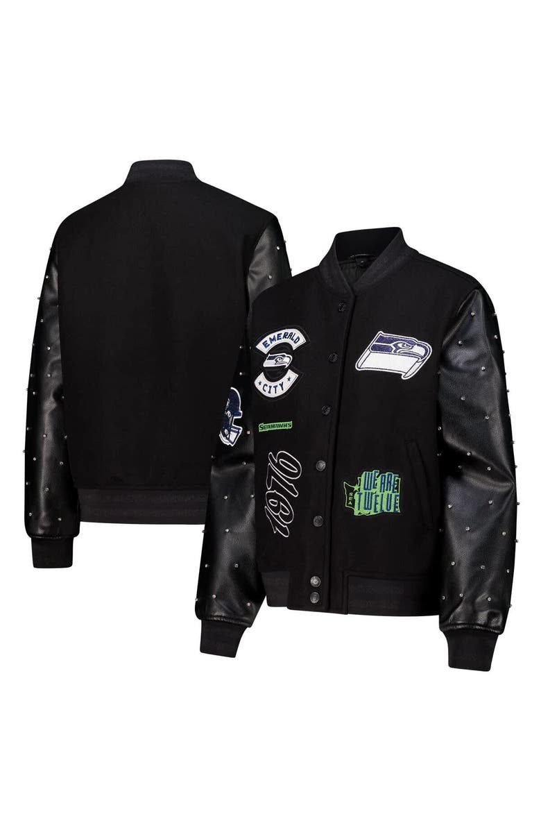 THE WILD COLLECTIVE Women's The Wild Collective Black Seattle Seahawks Varsity Full-Snap Sparkle Jacket, Alternate, color, Black