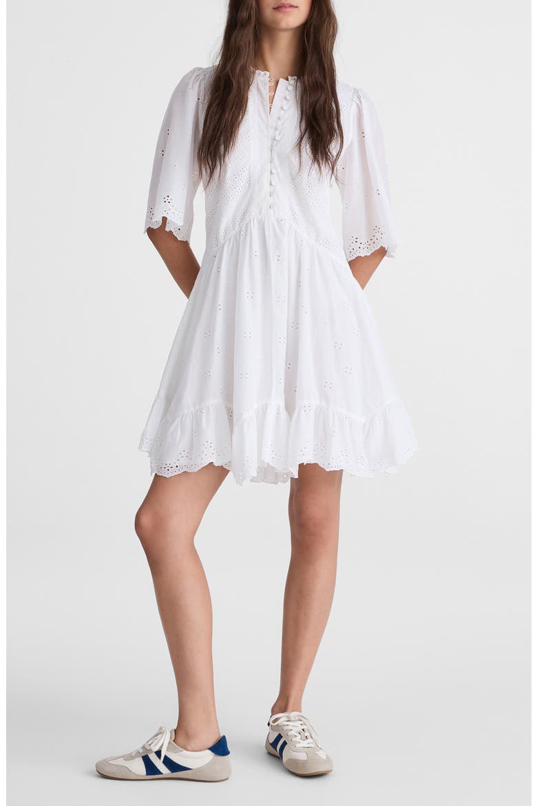 Eyelet Flutter Sleeve Cotton Minidress, Main, color, WHITE