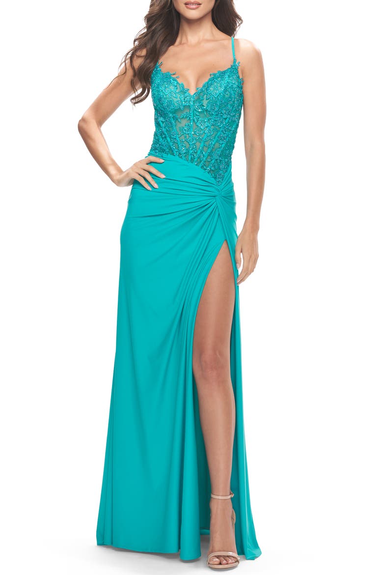 Lace Asymmetrical Gown with Jersey Skirt and Twist Knot Detail in Neon, Main, color, Aqua