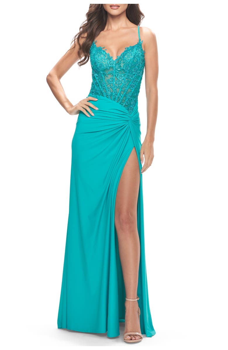 La Femme Lace Asymmetrical Gown with Jersey Skirt and Twist Knot Detail in Neon, Main, color, Aqua