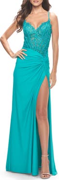 La Femme Lace Asymmetrical Gown with Jersey Skirt and Twist Knot Detail in Neon