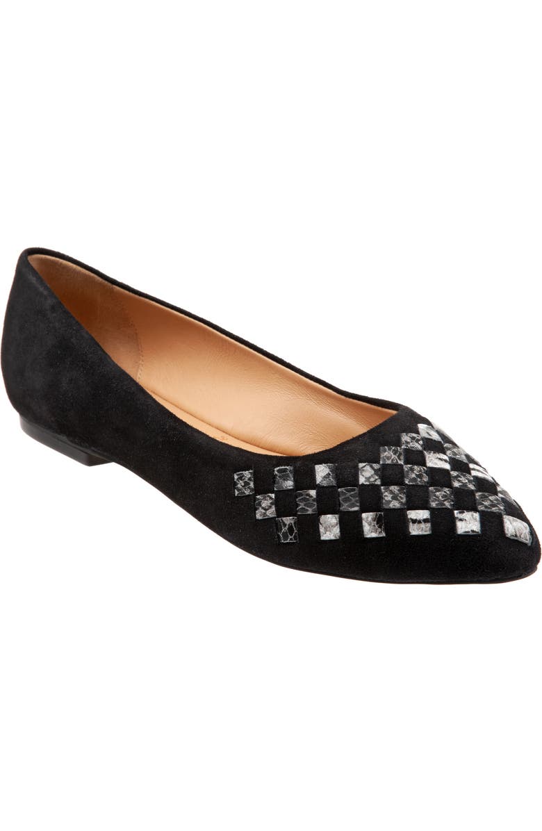 Trotters Estee Woven Flat, Main, color, Black Sue/ Snake
