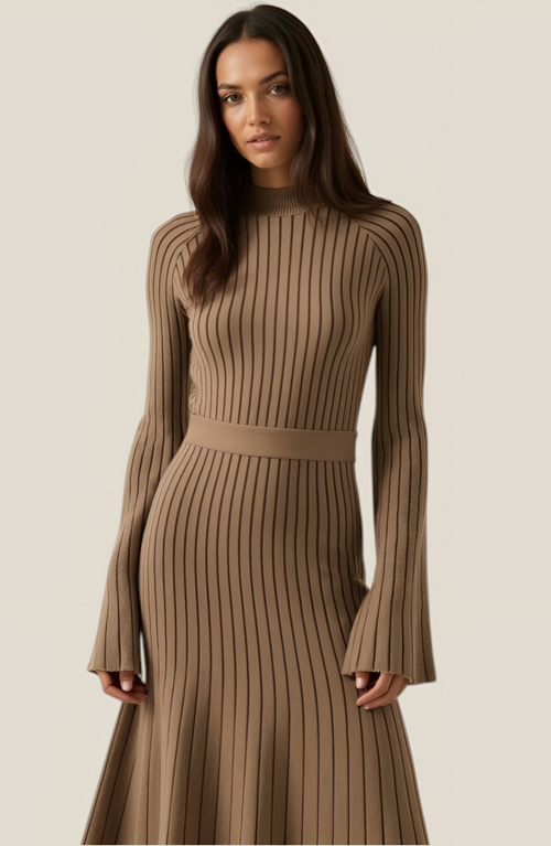 Modenaire Ribbed Knit Long Sleeve Maxi Dress With Flared Cuffs And Fit-and-flare In Brown