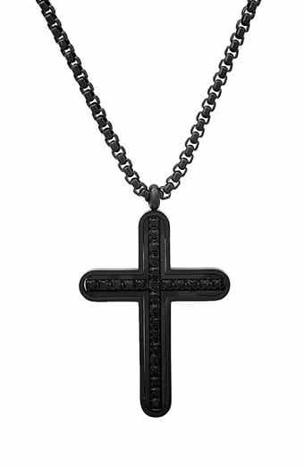 Men's Black Stainless Steel Cubic Zirconia Cross Pendant Necklace