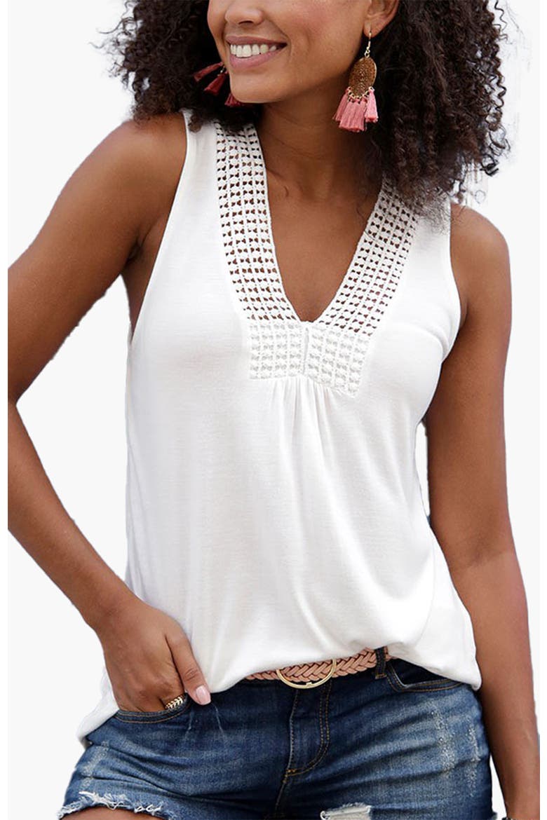 Crochet Insert Tank Top, Main, color, White
