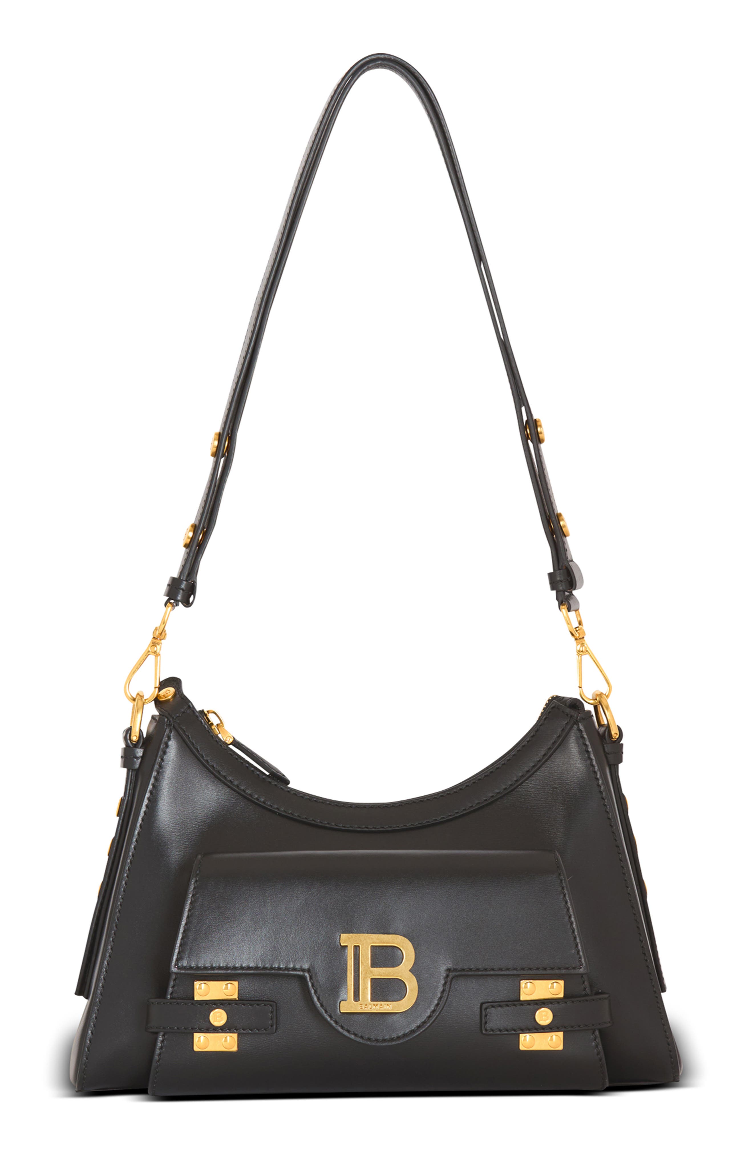 Balmain B-Buzz Leather Top Hobo Bag, Main, color, 