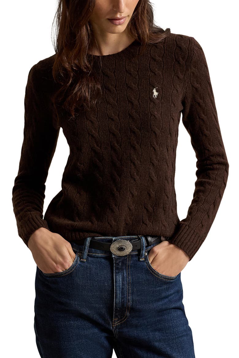Crewneck Cable Wool & Cashmere Sweater, Main, color, BROWN