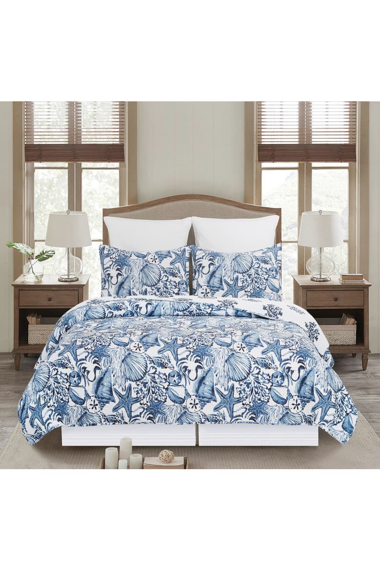 Blue Coast Shells Queen Reversible Bedspread, Alternate, color, Blue