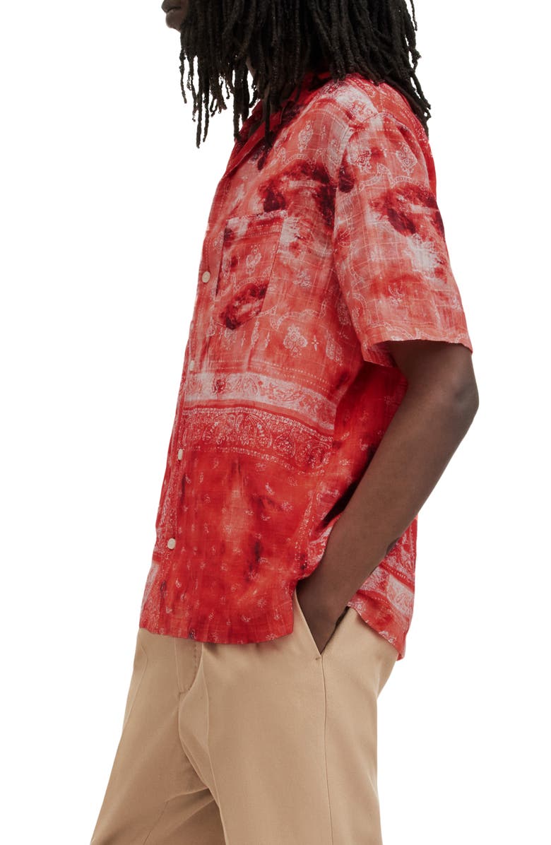 AllSaints Tijuana Bandana Print Short Sleeve Cotton Button-Up Shirt, Alternate, color, Apple Red