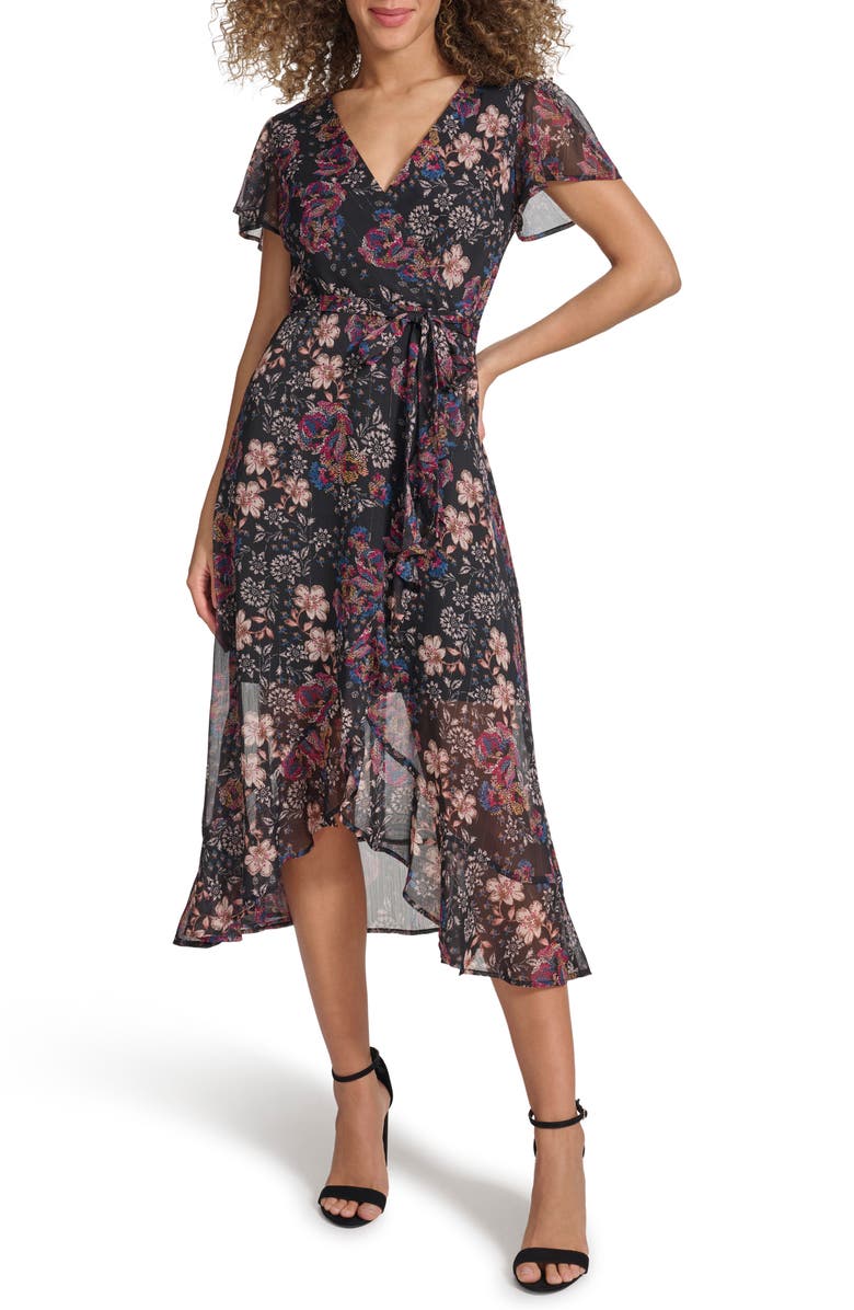 Kensie Metallic Chiffon Dress, Main, color, Black Multi