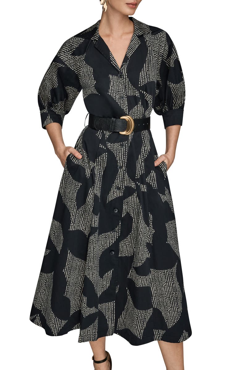 Donna Karan New York Abstract Print Belted Midi Shirtdress, Main, color, Black/ Sand