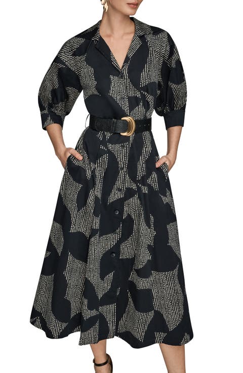 Abstract Print Belted Midi Shirtdress